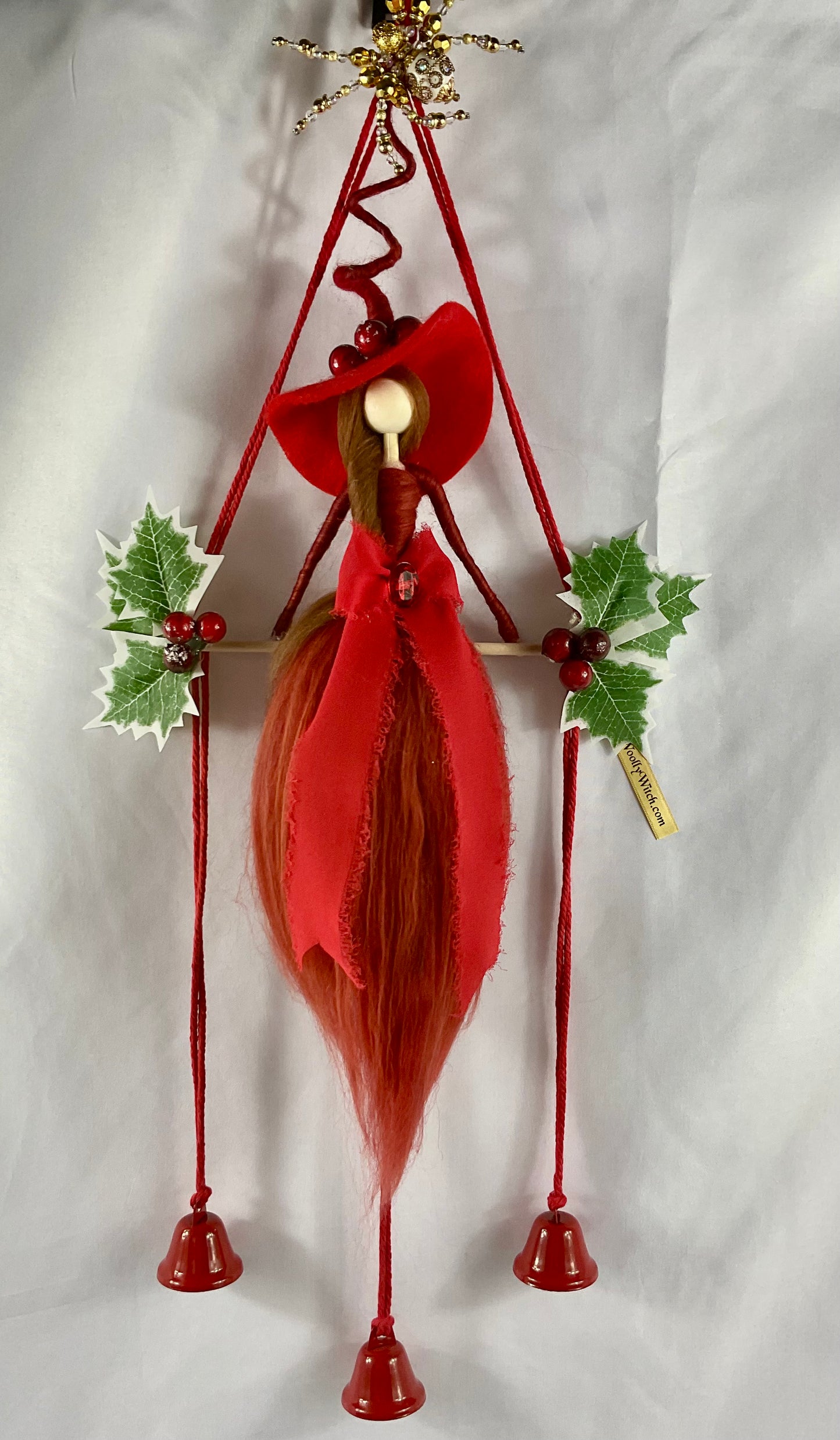 Red Yule witch bells with beaded spider