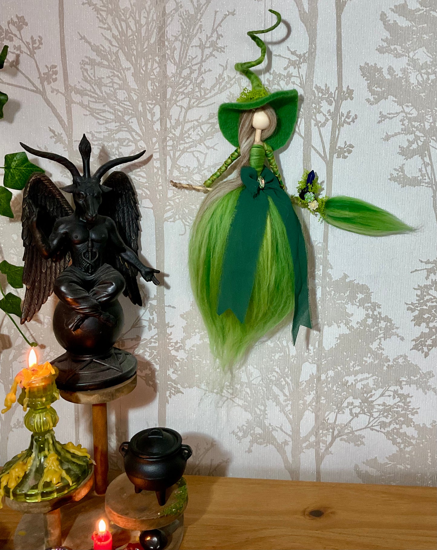 Green flying witch