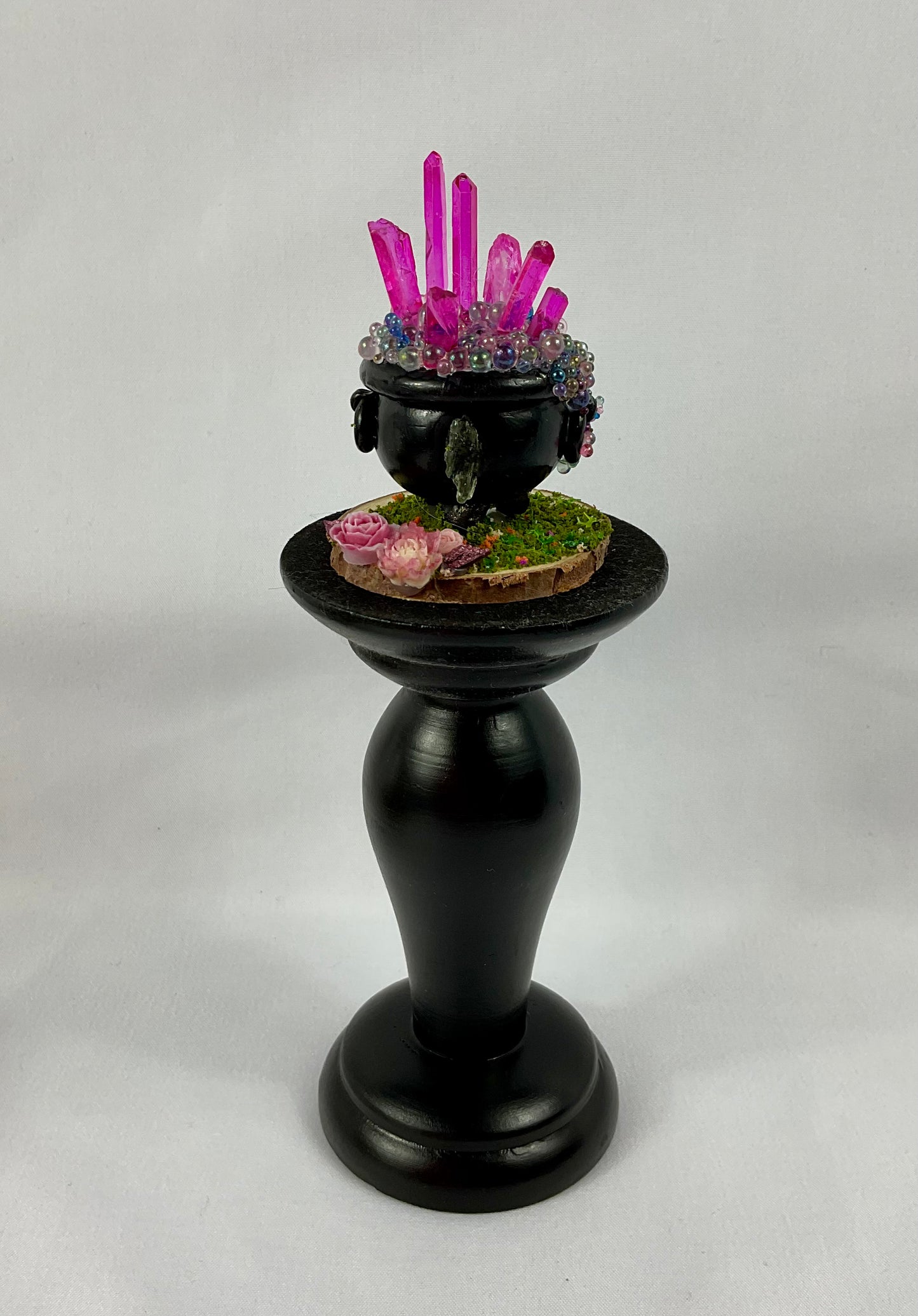 Moldavite and pink crystal bubbling cauldron