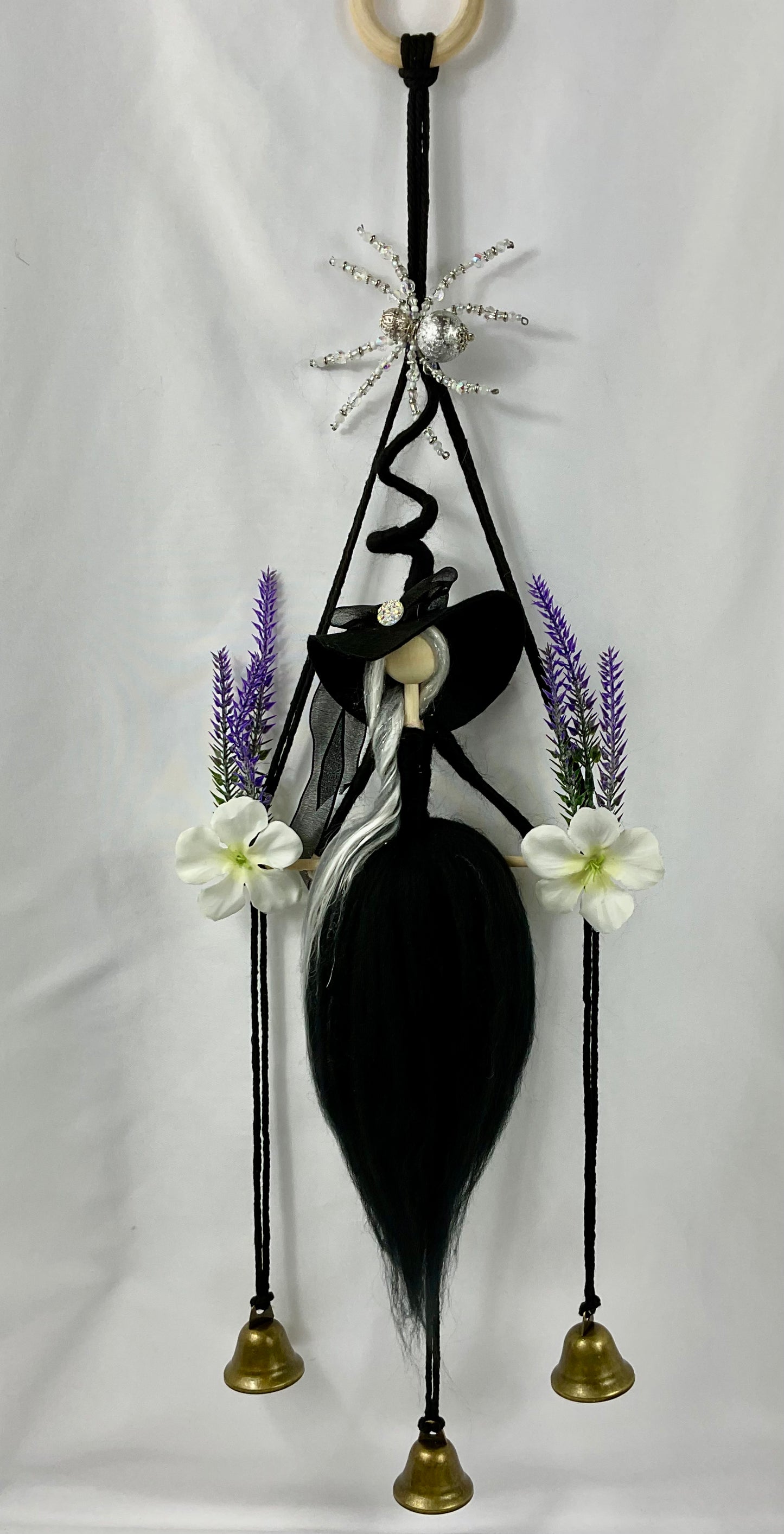 Black woolly witch bells with beaded spider