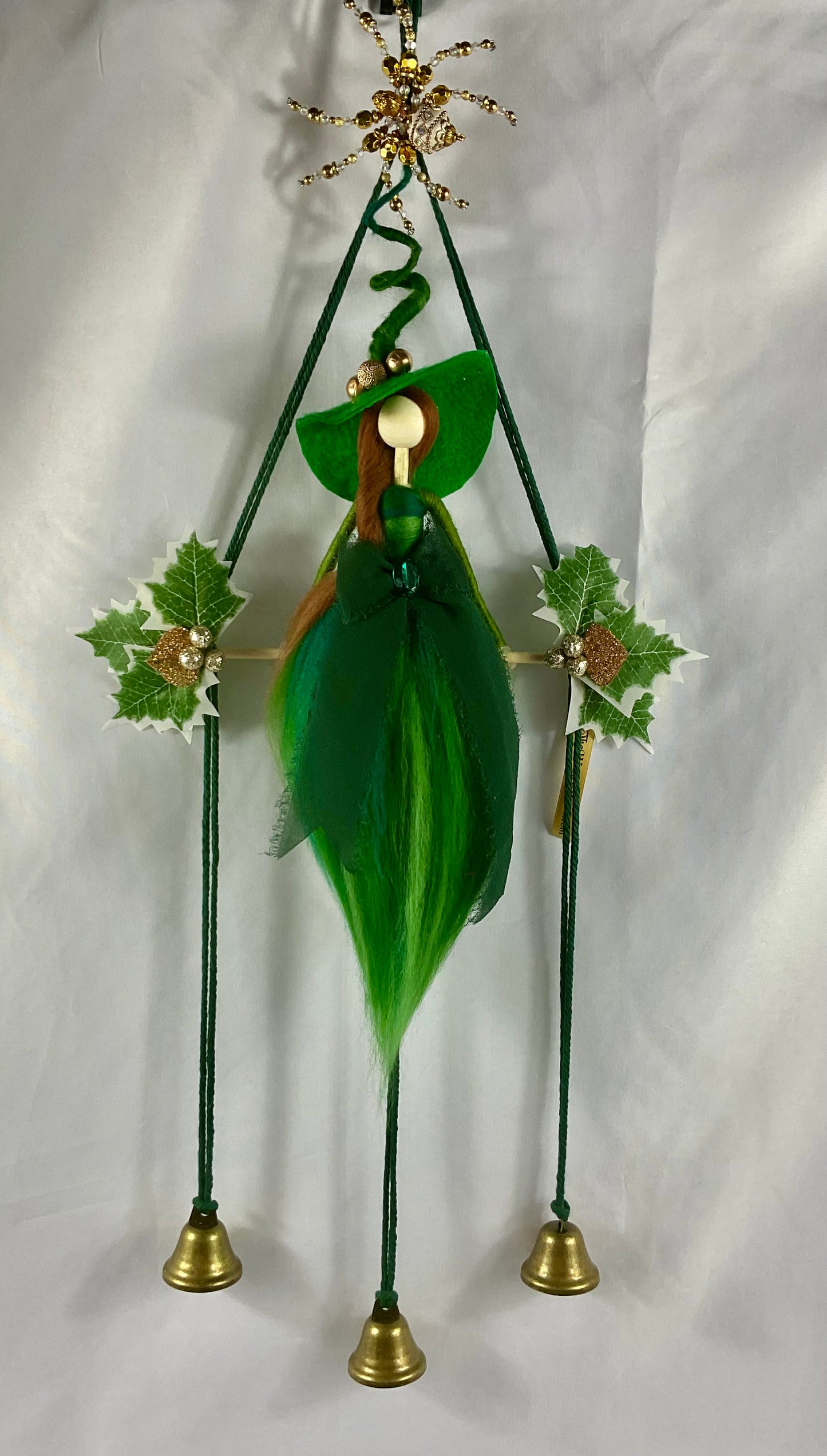 Green Yule witch bells with beaded spider