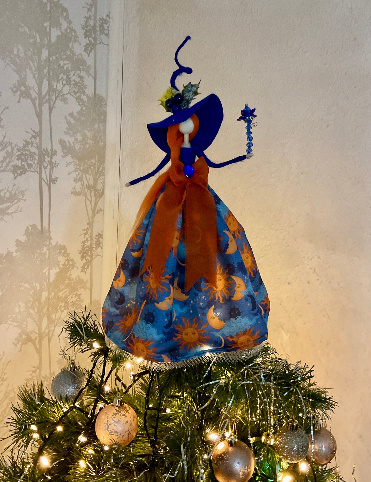 Blue sun and moon witch tree topper