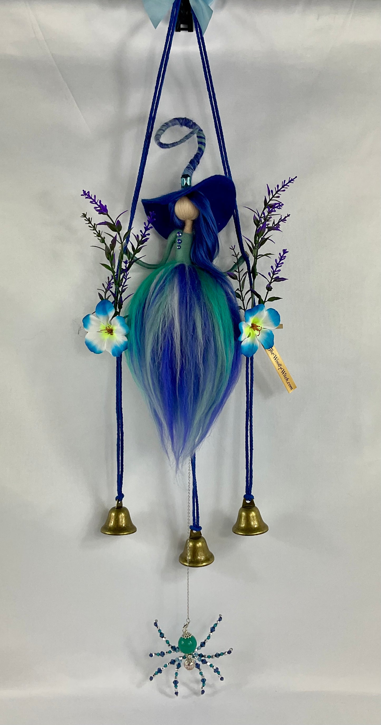 Teal and blue witch bells with beaded spider