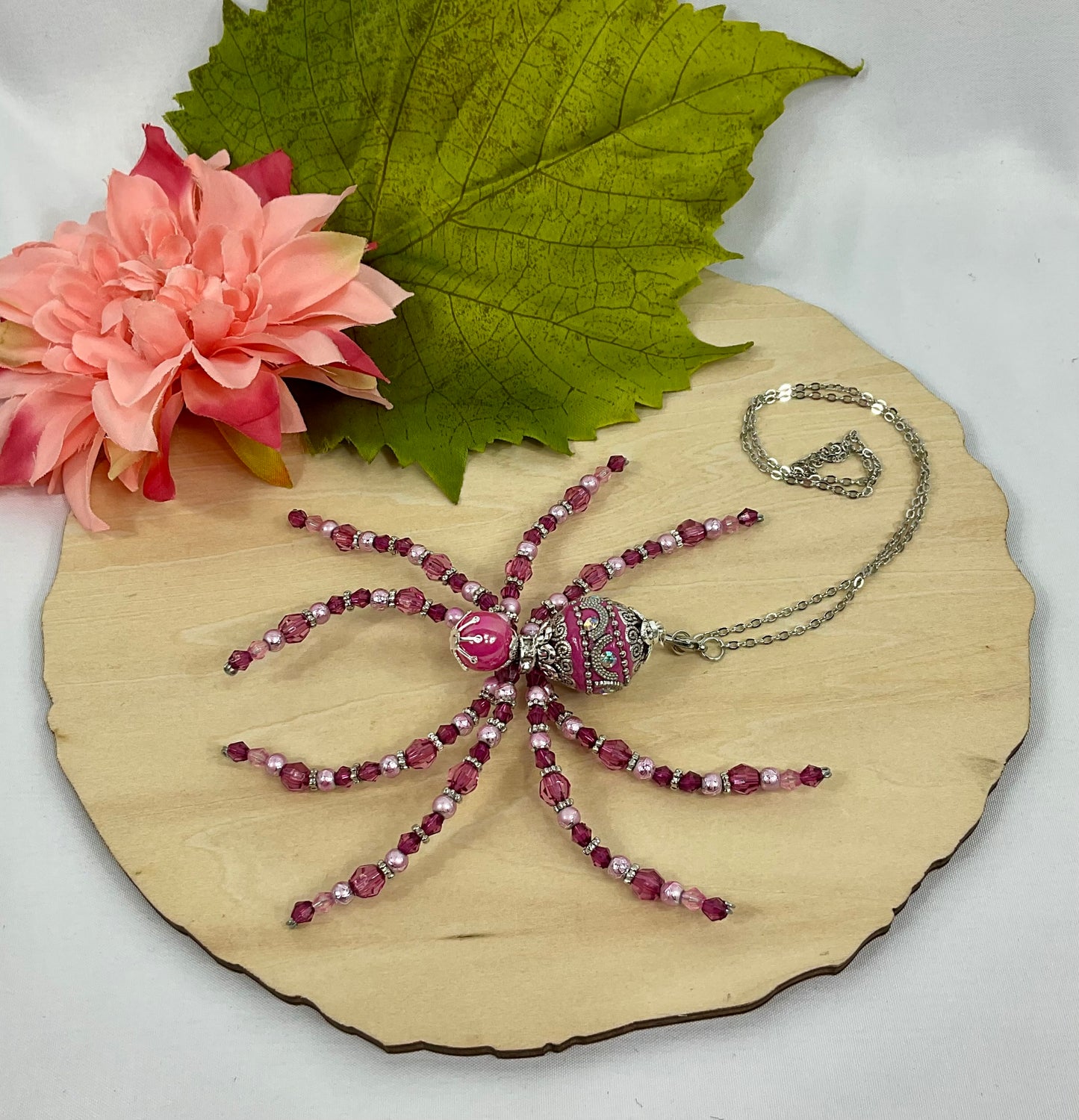 Pink and silver beaded spider PS1