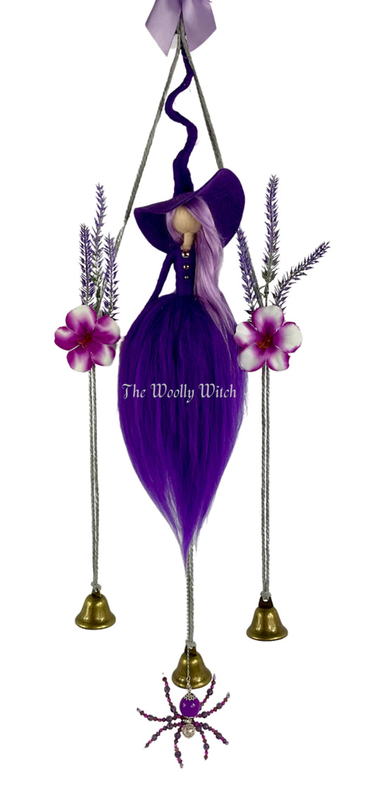 Purple woolly witch bells with detachable purple beaded spider