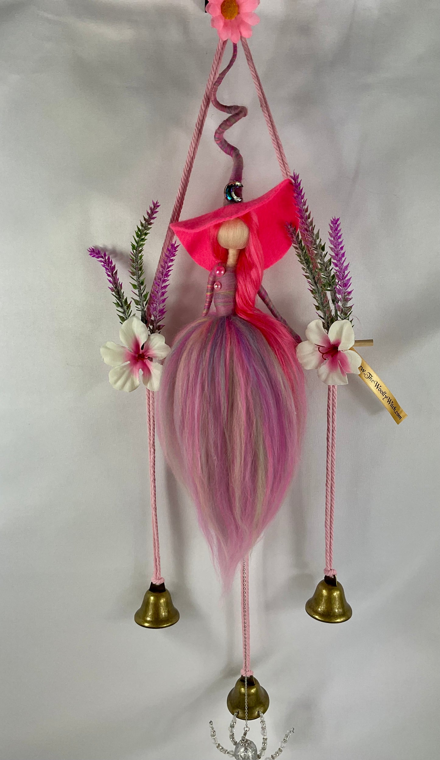 Pink woolly witch bells with silver beaded spider