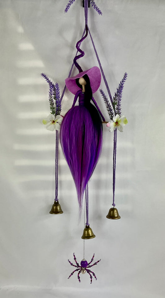 Purple woolly witch bells with beaded spider