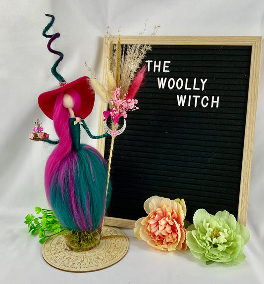 Teal and pink witch with display disk
