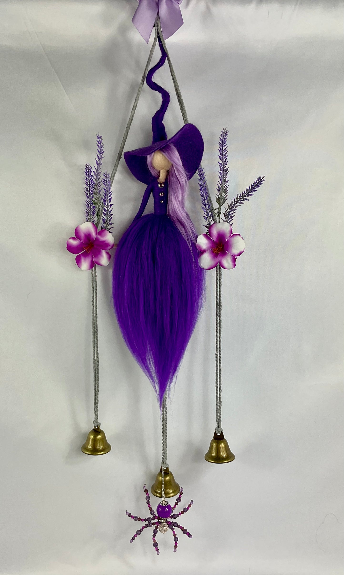 Purple woolly witch bells with detachable purple beaded spider