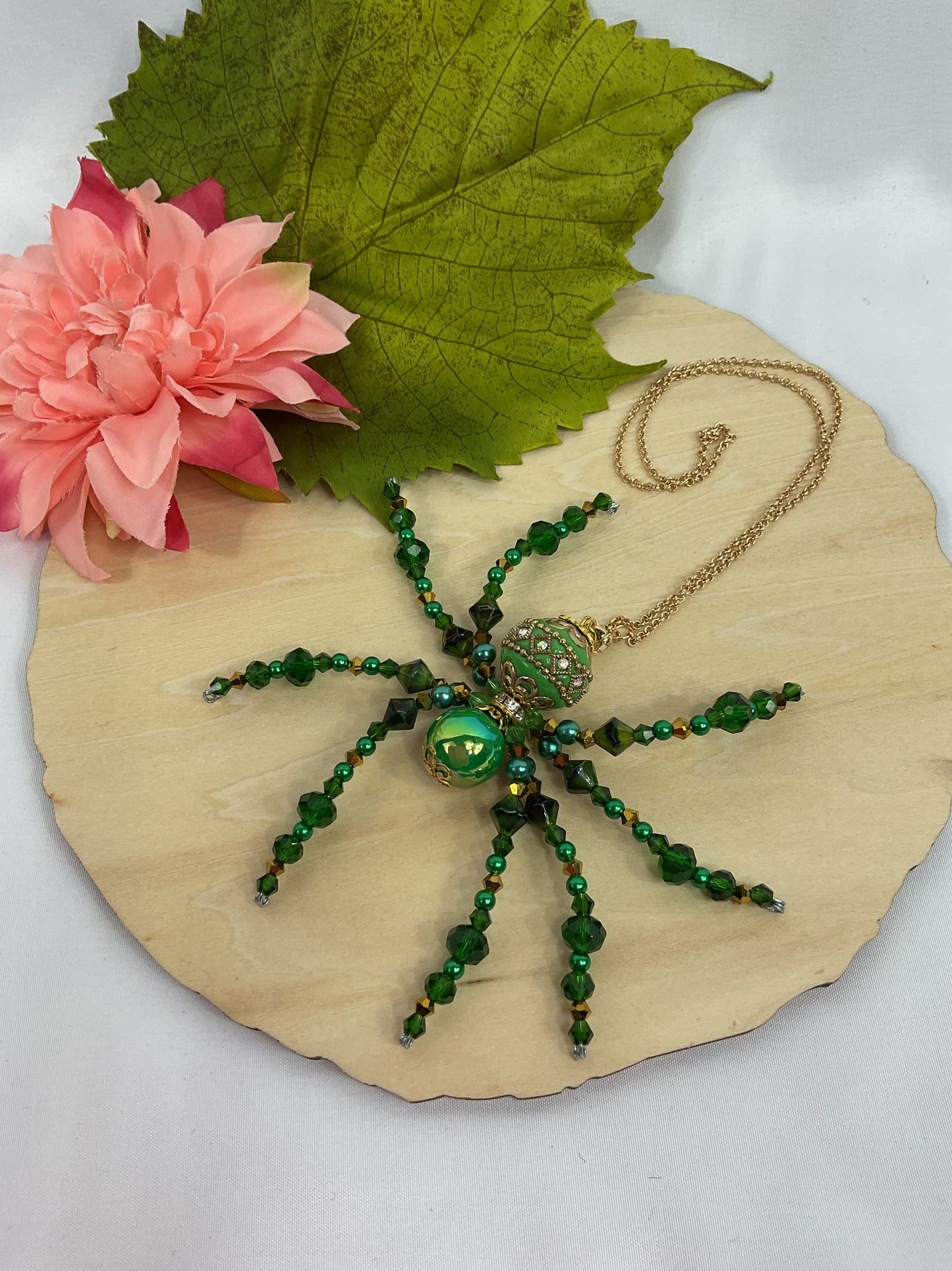 Green and gold beaded spider GG3