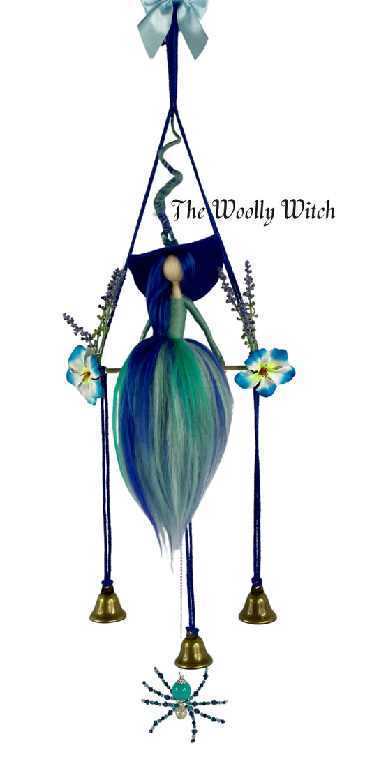 Teal and blue witch bells with beaded spider