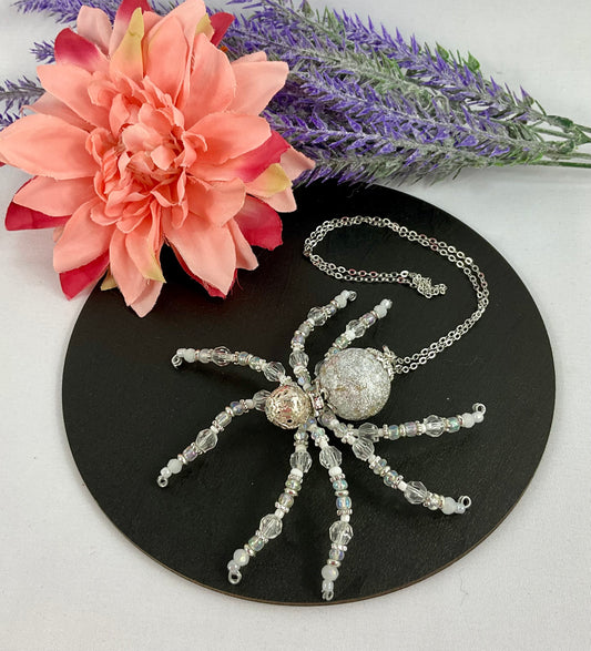 Silver and white beaded spider.SW2