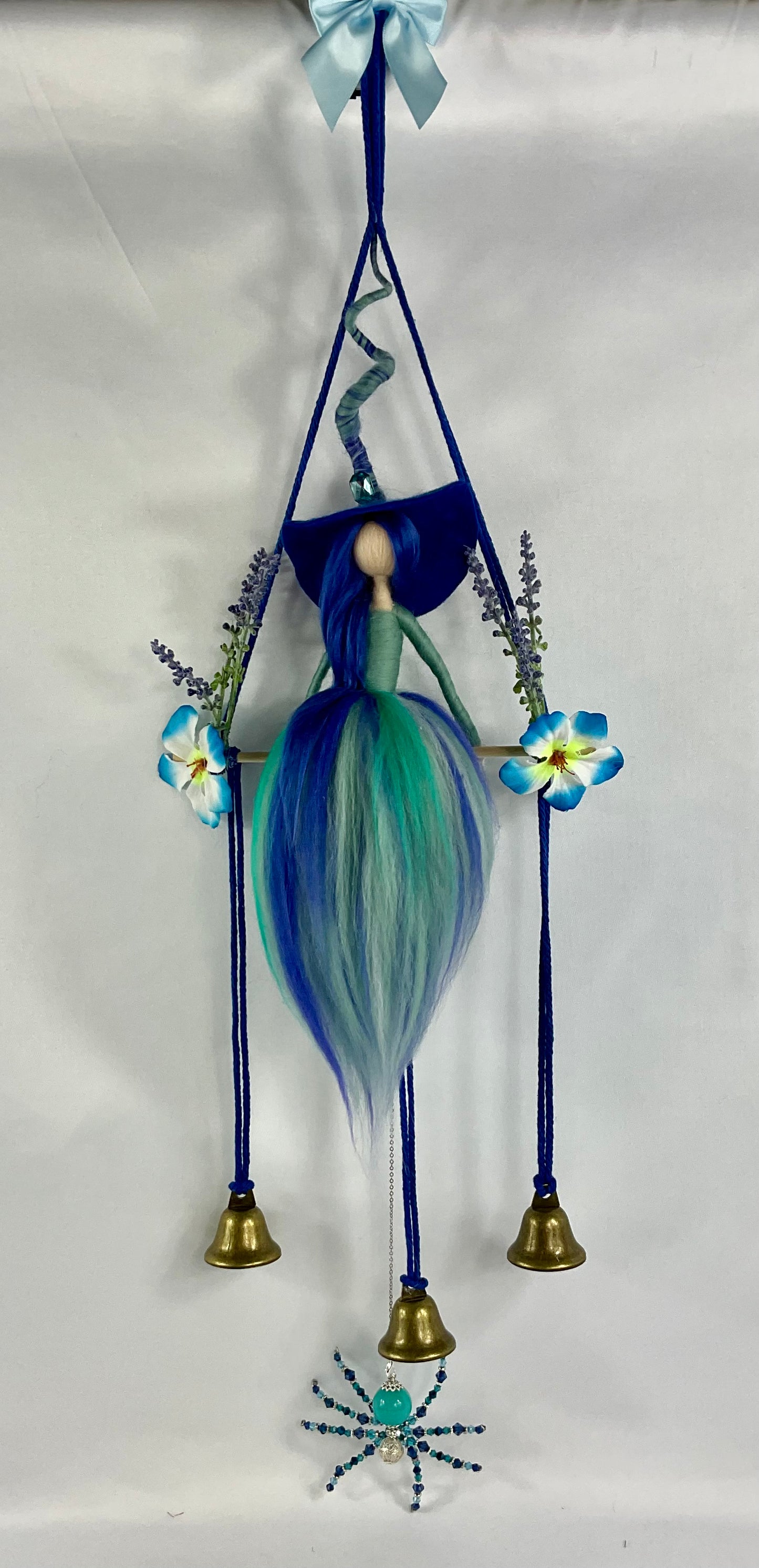 Teal and blue witch bells with beaded spider