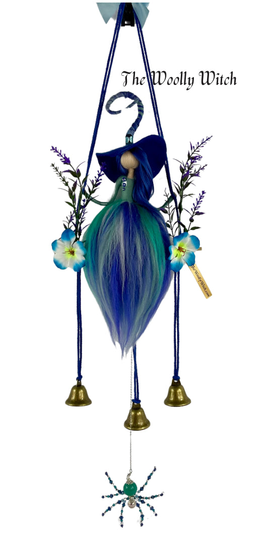 Teal and blue witch bells with beaded spider