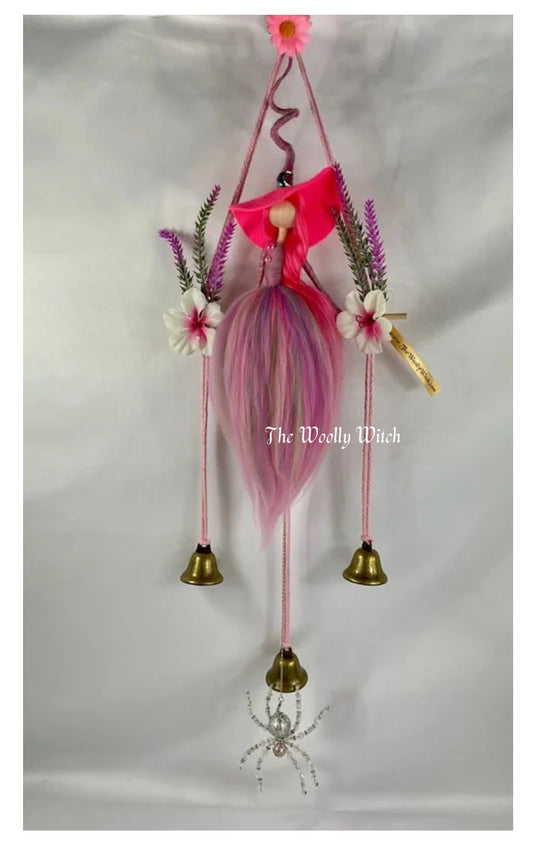 Pink woolly witch bells with silver beaded spider