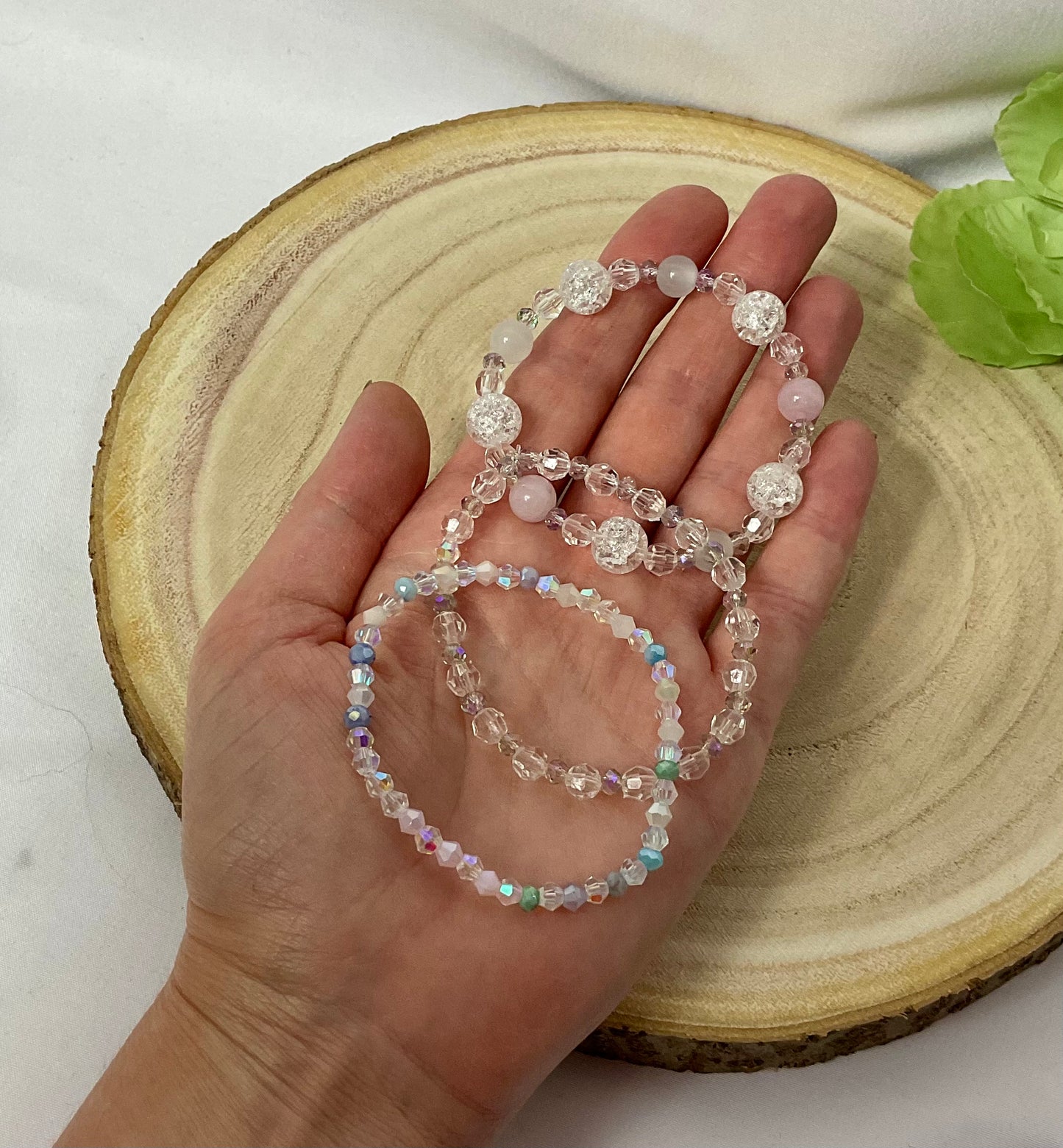 Rose quartz, selenite and crackled glass beaded bracelet set