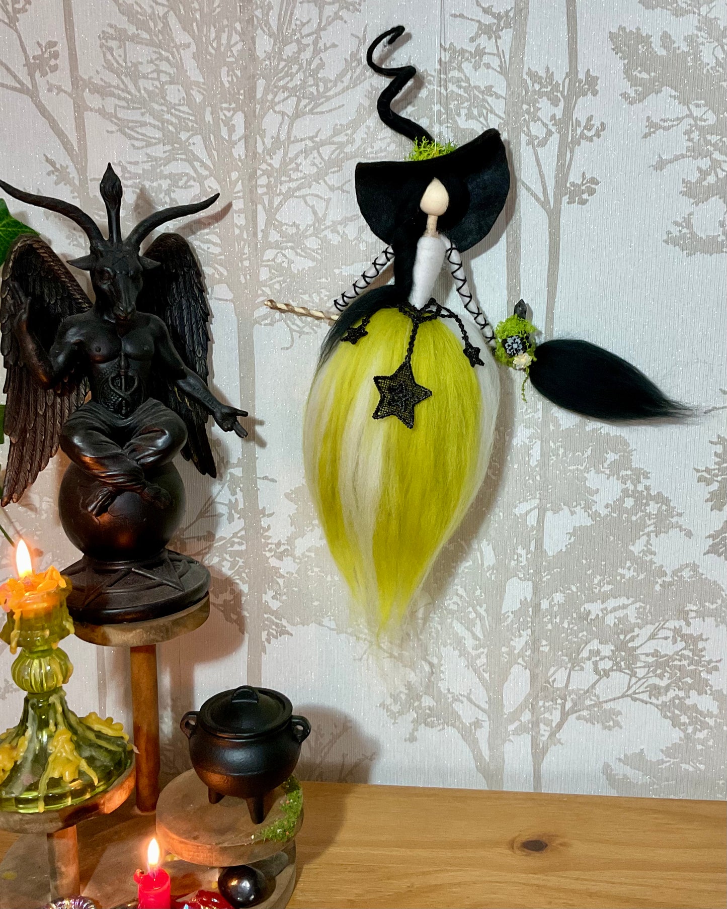Green and white flying witch