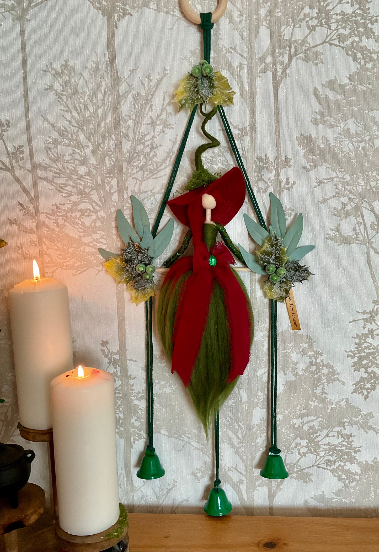 Green Xmas woolly witch bells