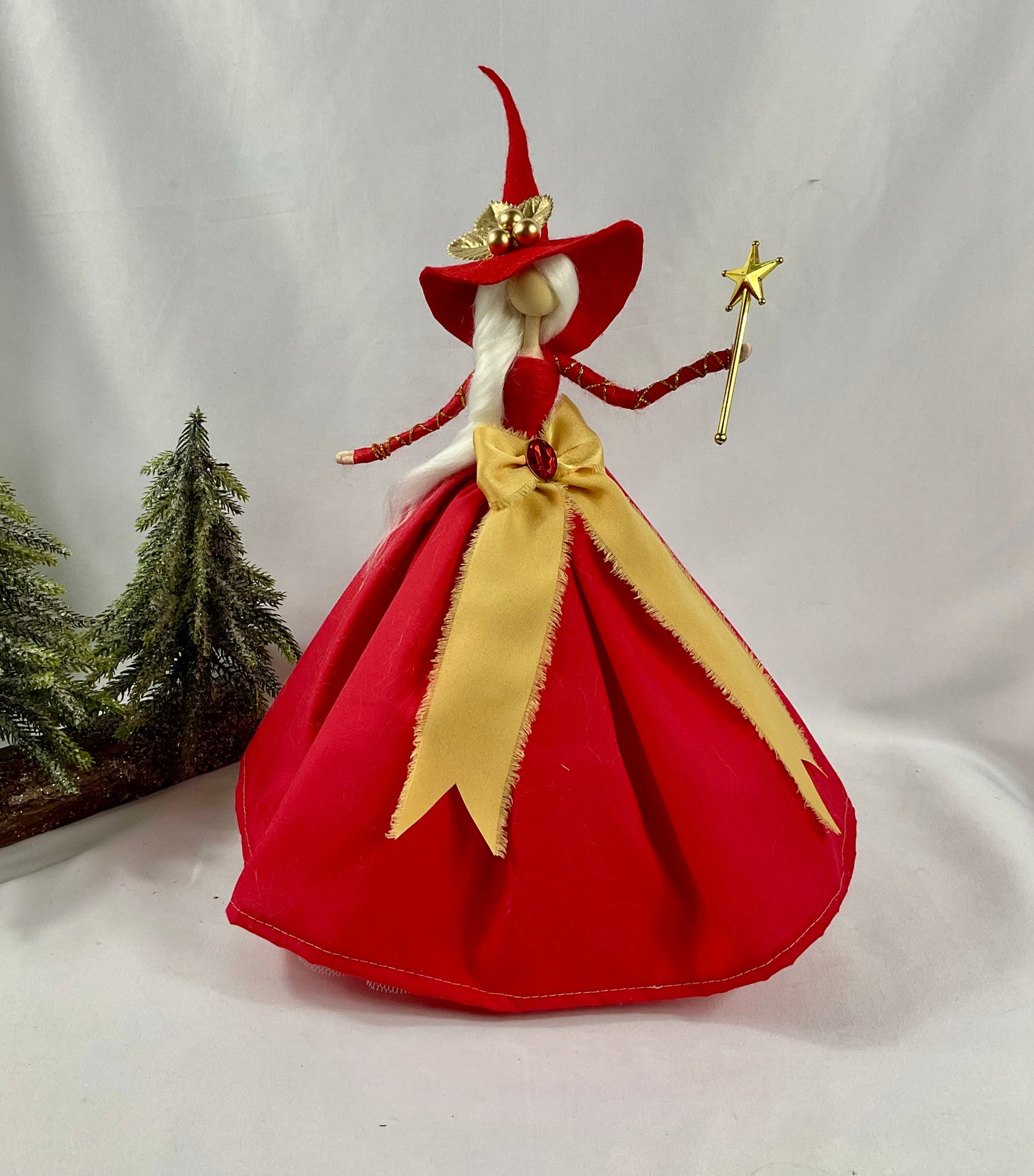 Red and gold witch tree topper
