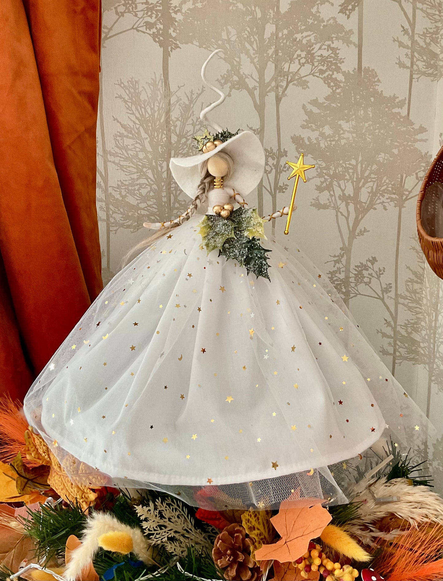White and gold witch tree topper