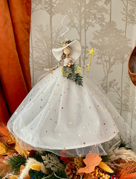 White and gold witch tree topper