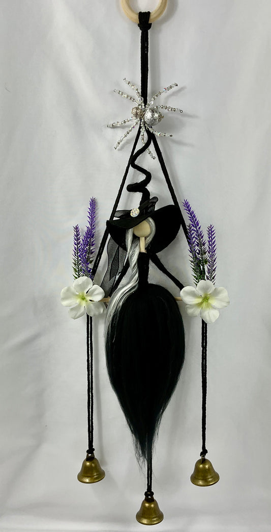 Black woolly witch bells with beaded spider