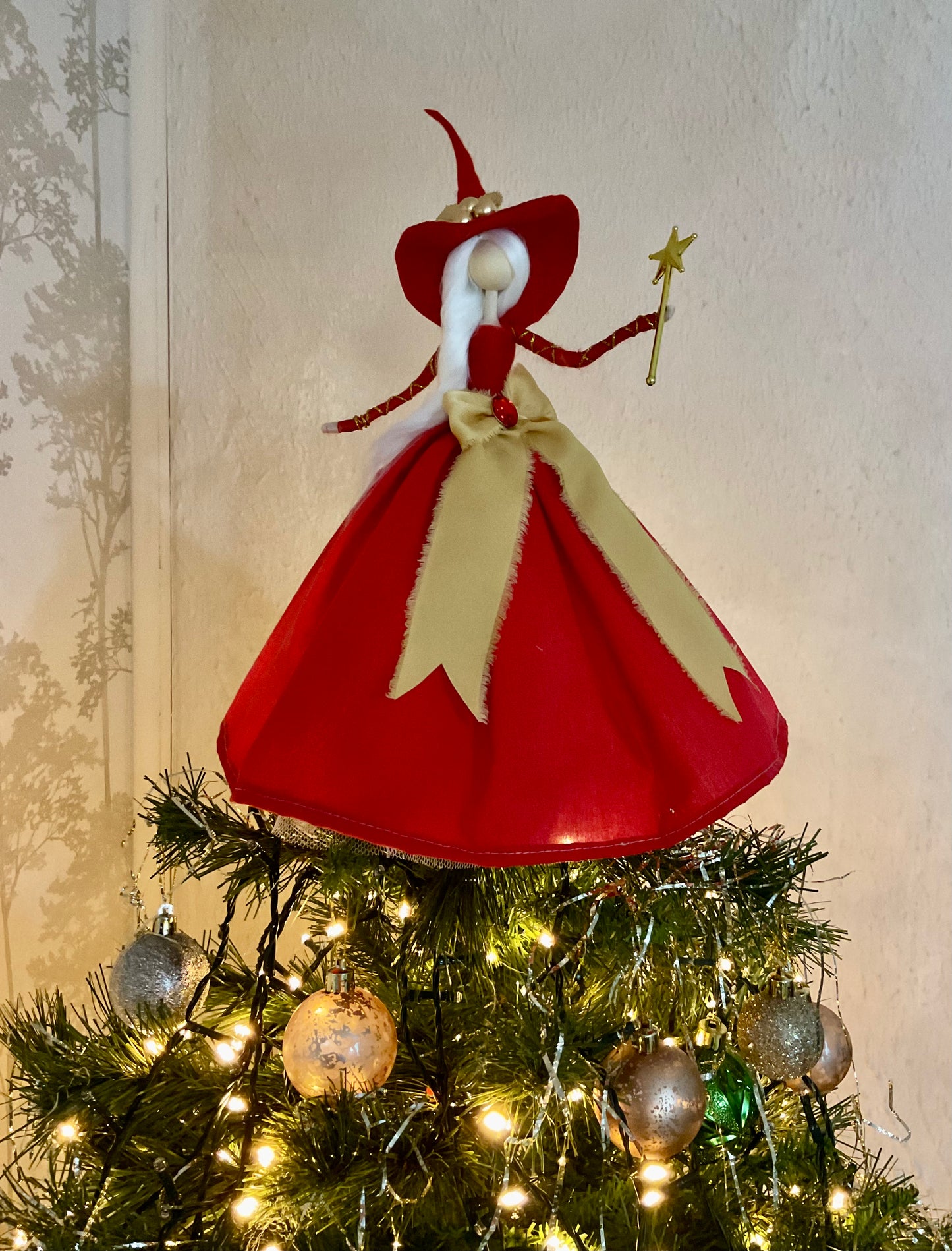Red and gold witch tree topper