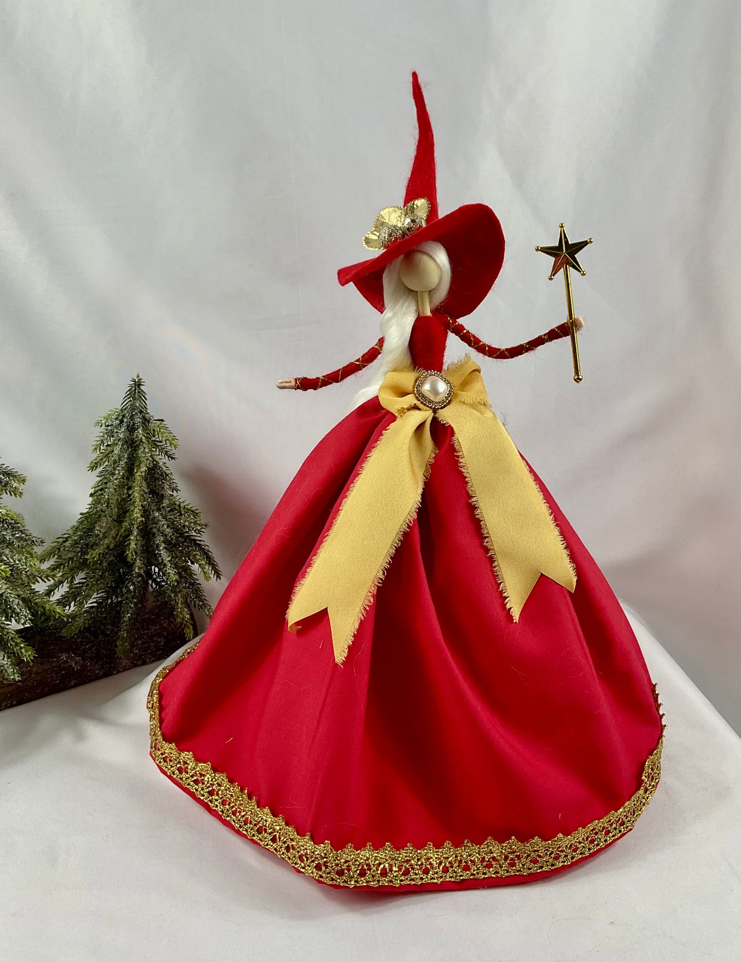 Red and gold witch tree topper