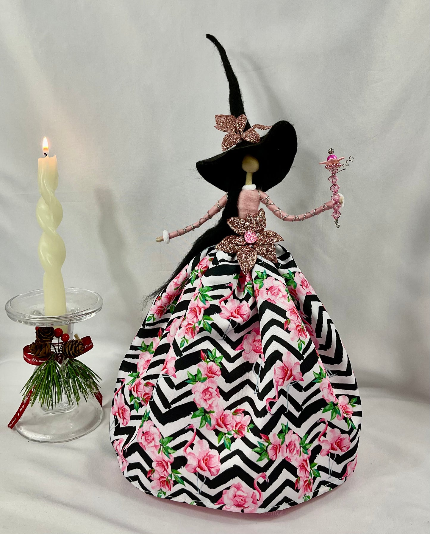 Flamingo fabric witch tree topper