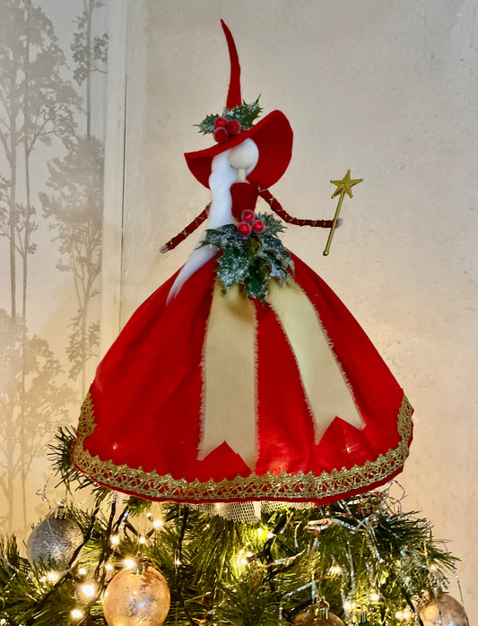 Red and gold tree topper witch