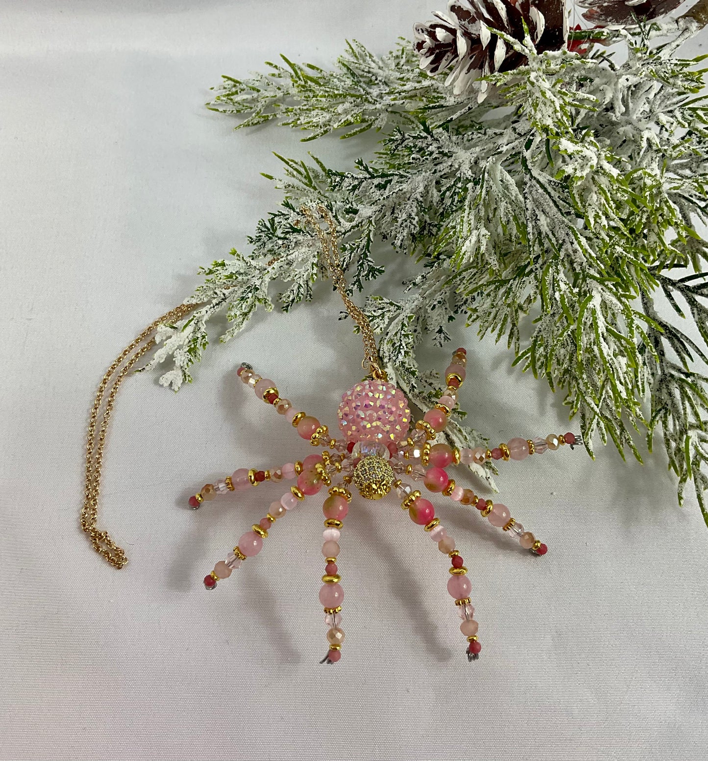 Cat eye and Austrian crystal beaded pink spider