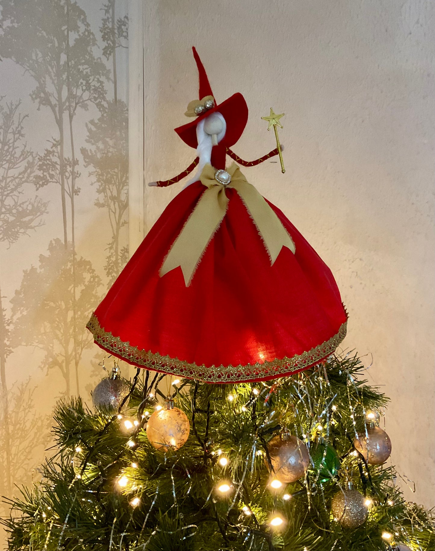 Red and gold witch tree topper