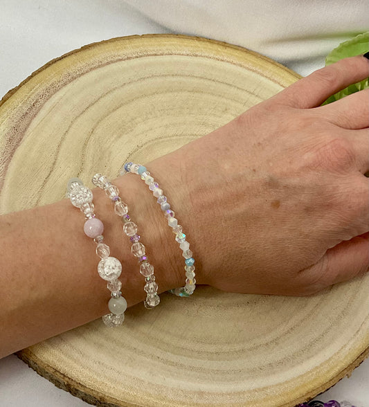 Rose quartz, selenite and crackled glass beaded bracelet set