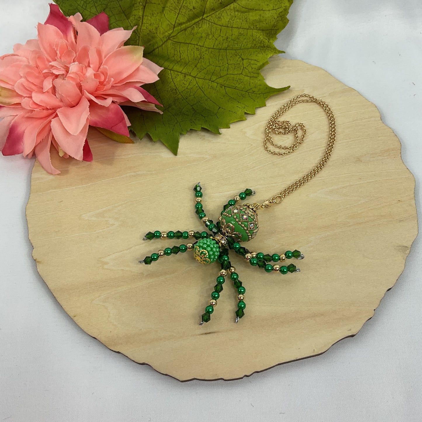 Green and gold mini beaded spider GG1