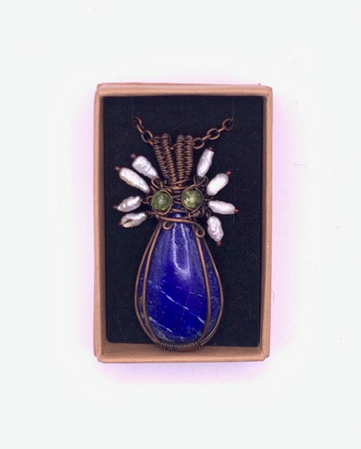 Lapis Lazuli, pearl and peridot wire wrapped pendant